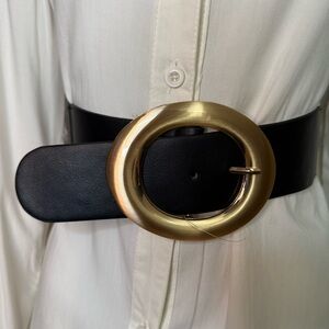 Black PU leather elastic waistband belt with gold tone oval buckle